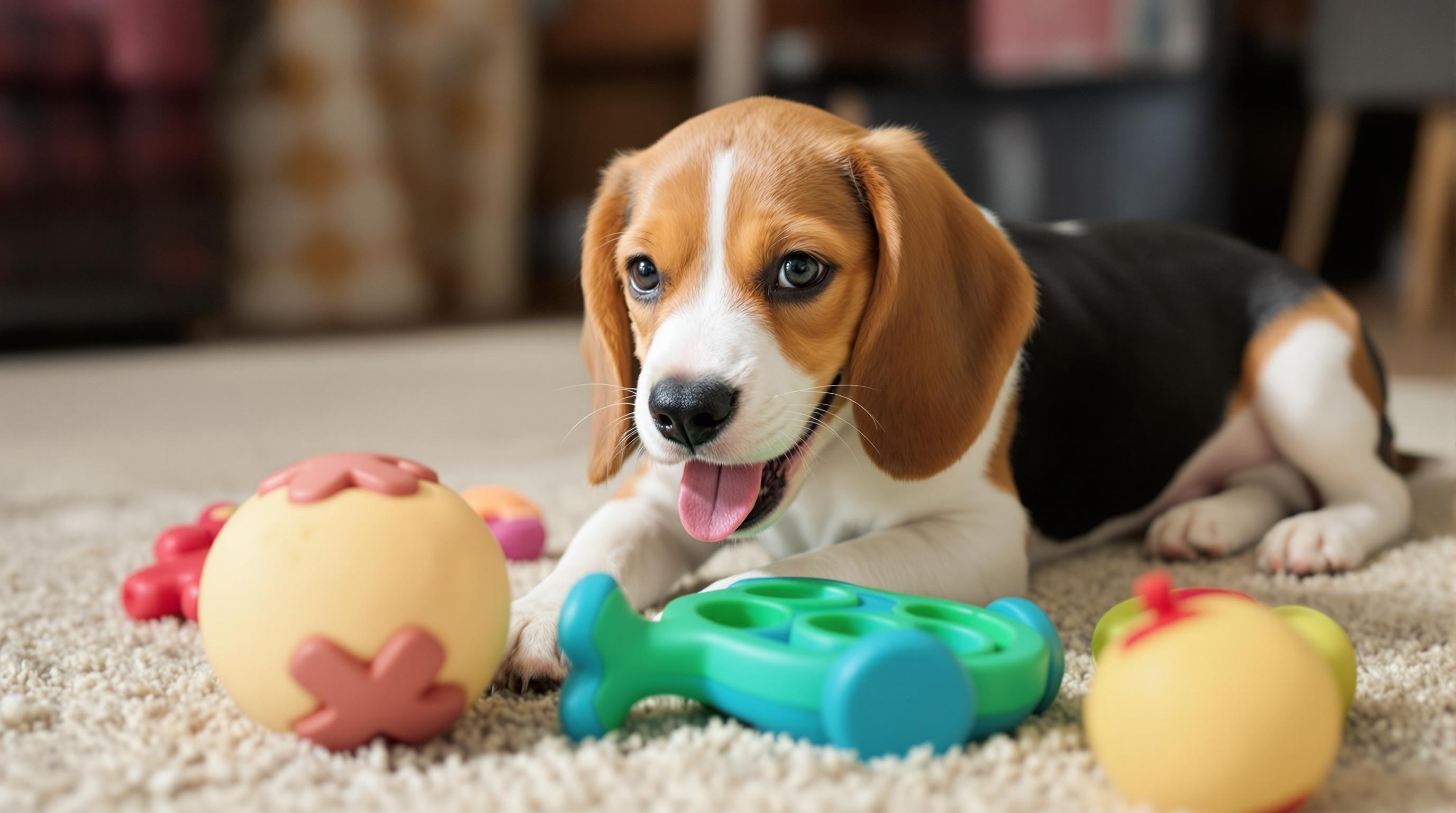 Beagle puppy met veilig speelgoed